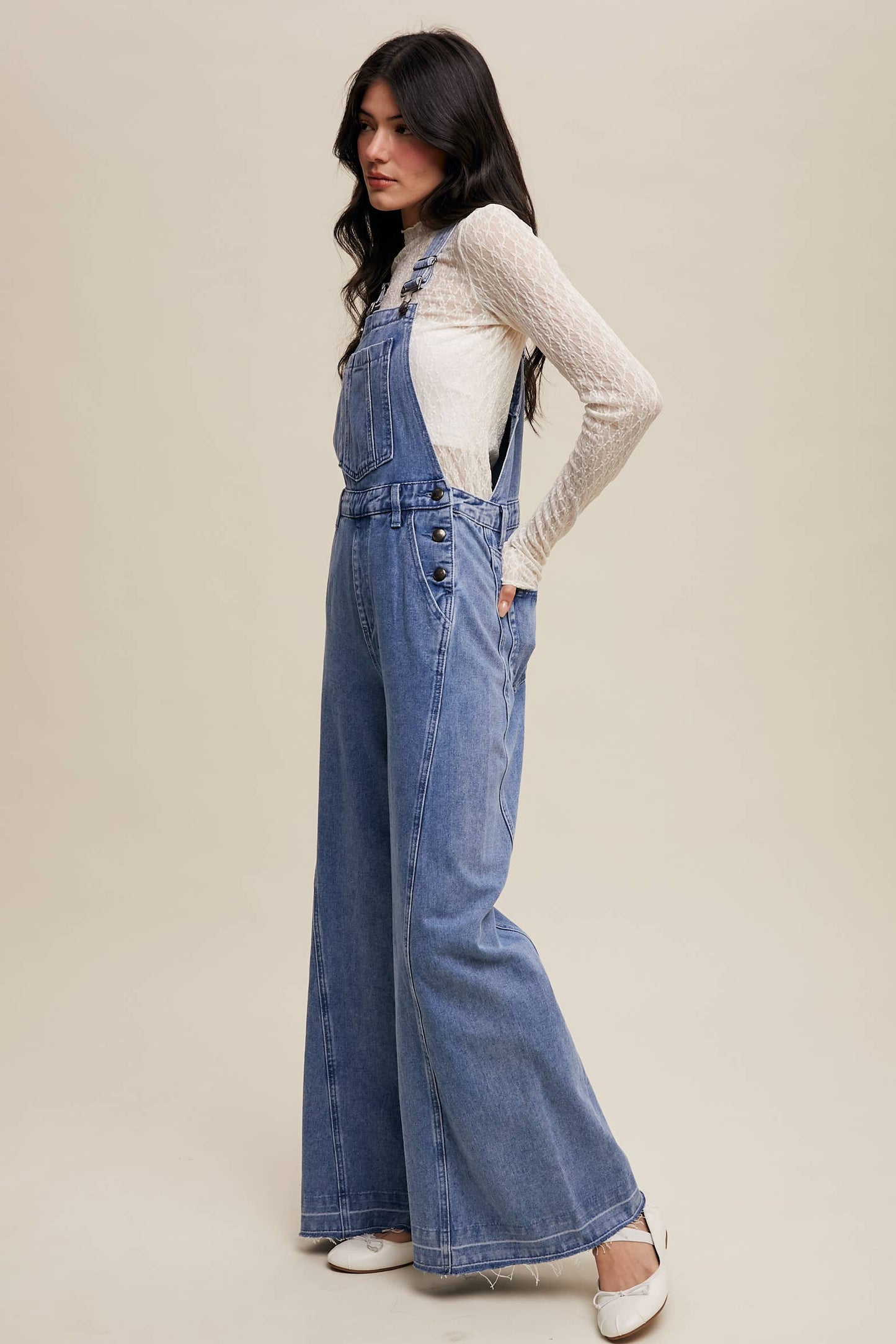 Wide-Leg Denim Overalls: Light Denim / S,M,L,XL
