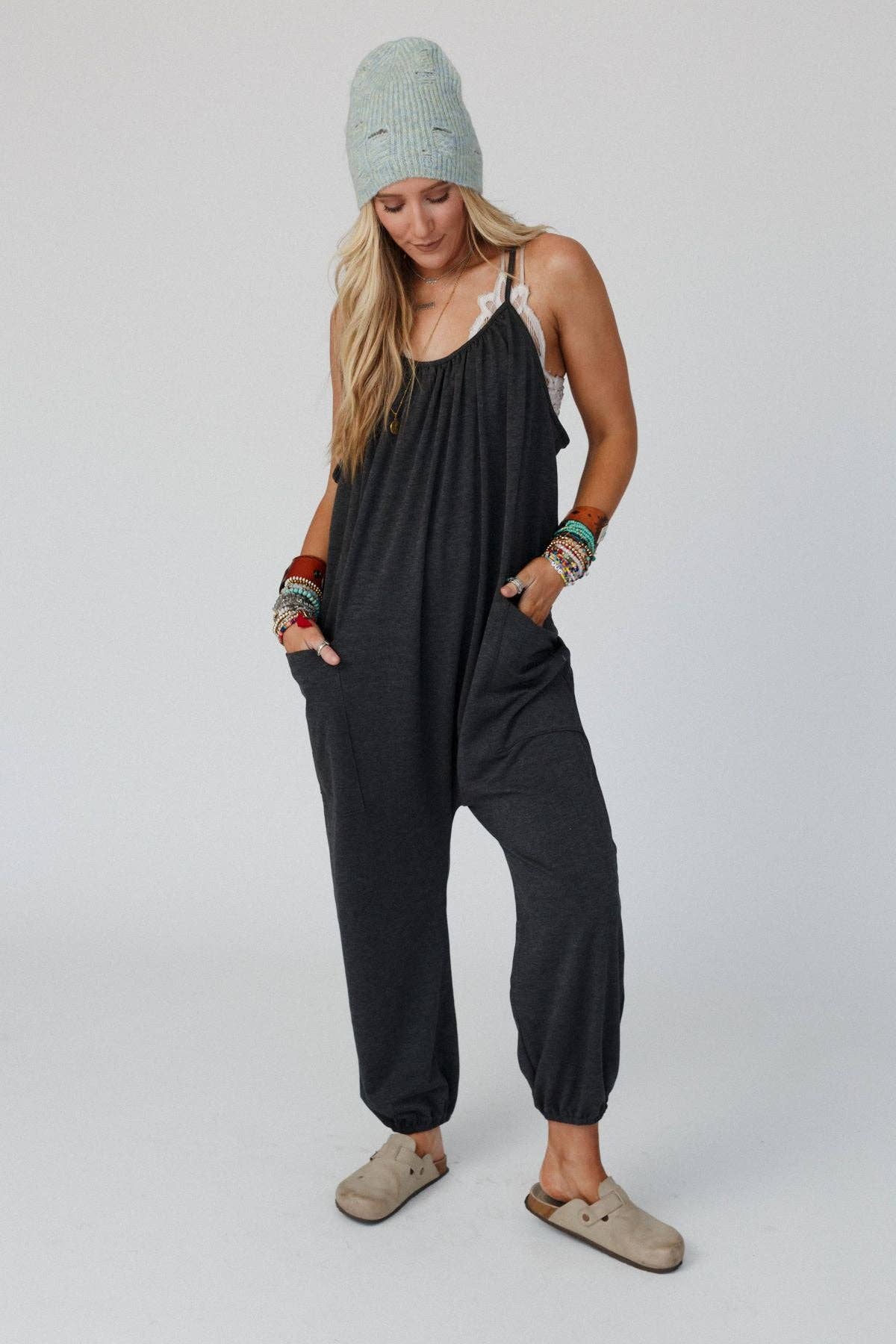 Comfort Zone Pocketed Jumpsuit - Charcoal: XL