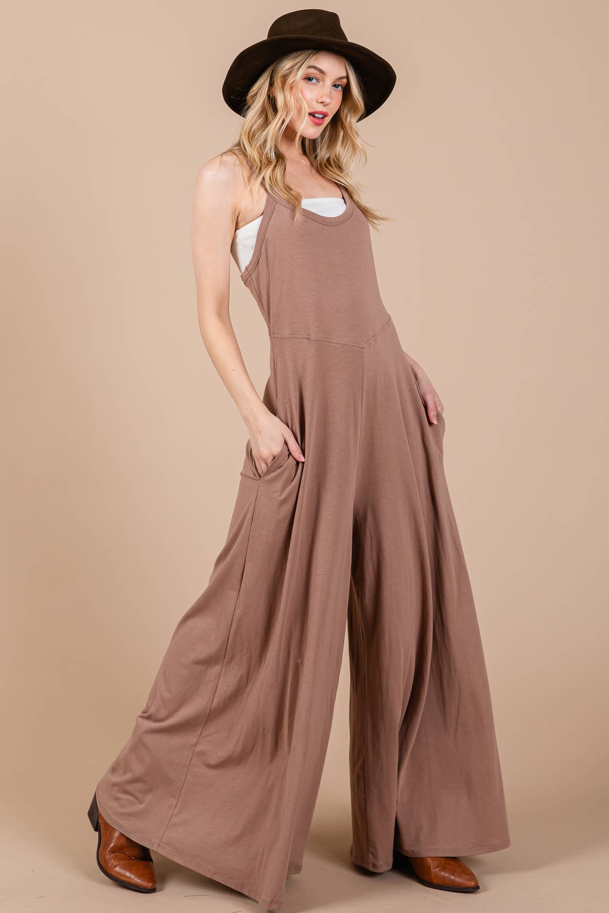 Solid Wide Leg Knit Jumpsuit MOCHA