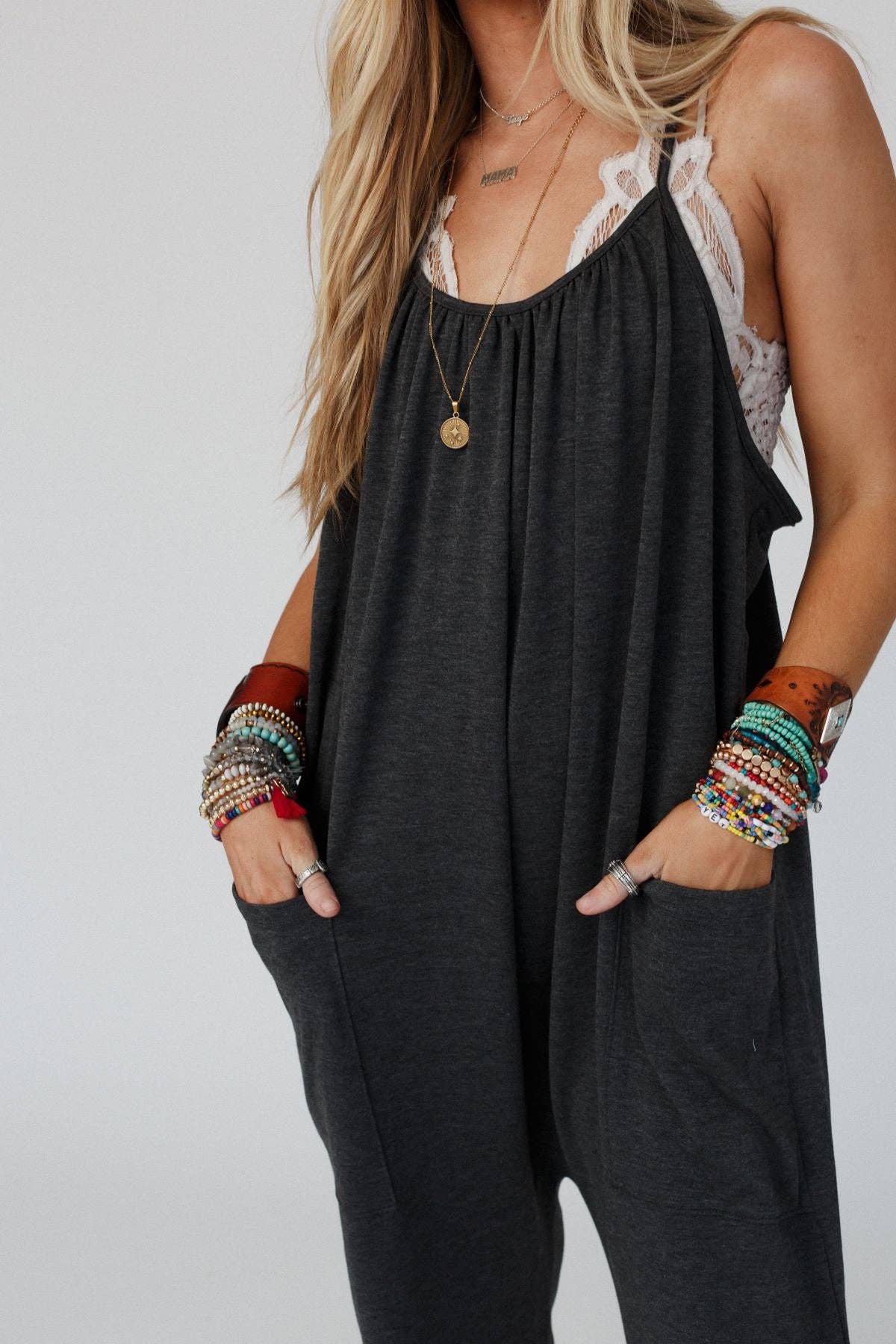 Comfort Zone Pocketed Jumpsuit - Charcoal: XL