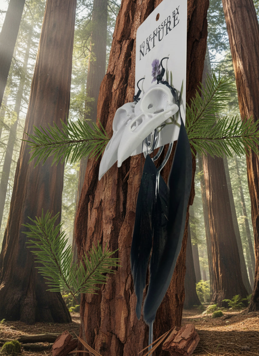 Crow Skull Earrings with black feathers