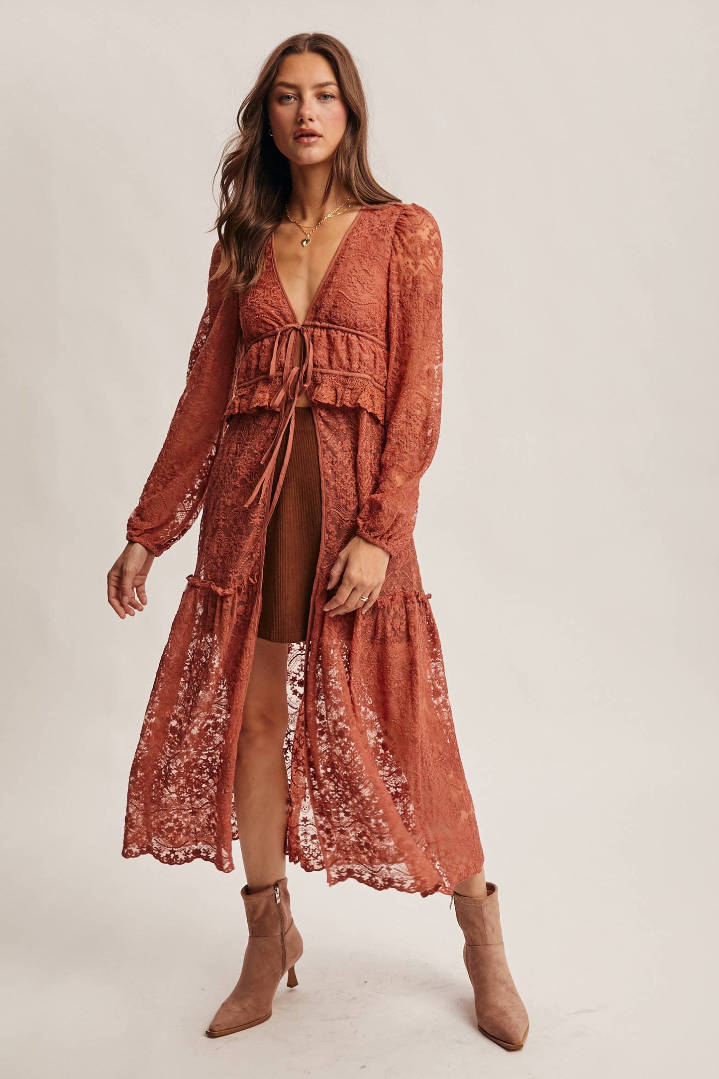 Lace Ruffle Maxi Duster FJ0003: Terracotta / Contemporary / XL