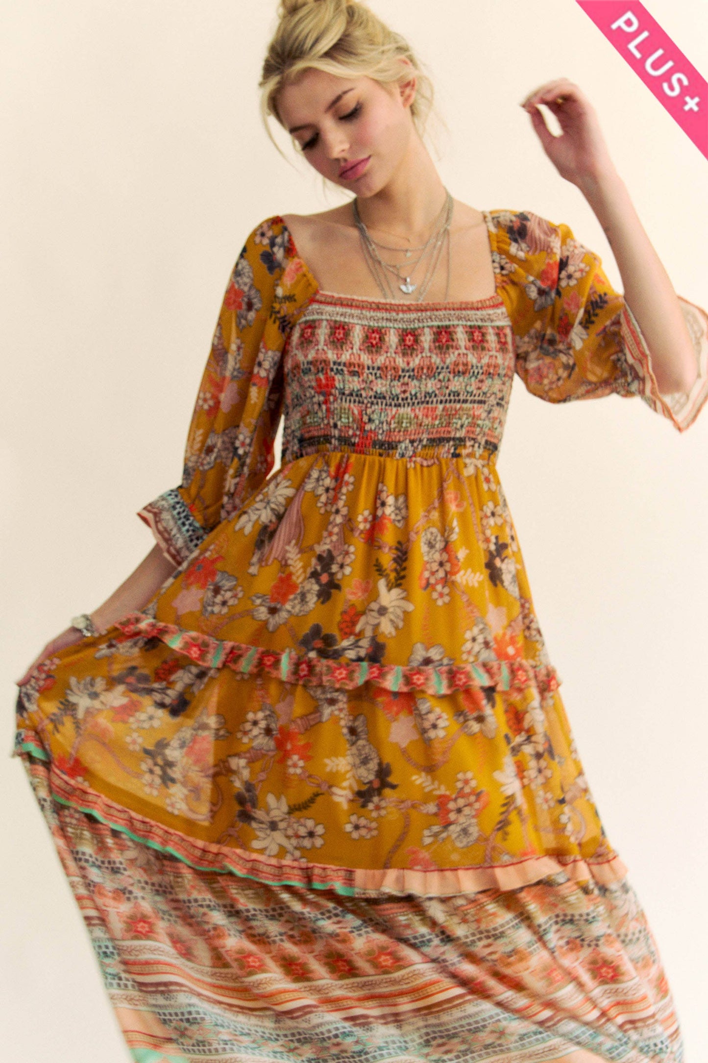 PLUS PRINTED RUFFLE SMOCKED MIDI DRESS: 3XL / Mustard