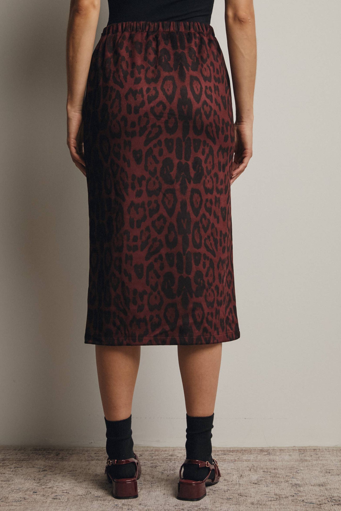 Leopard Print Burgundy Front Slit Midi Skirt - L