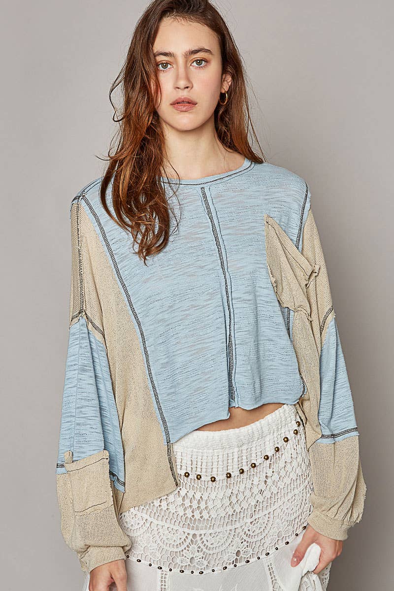 Oversize balloon sleeve casual slub knit top: AQUA / L