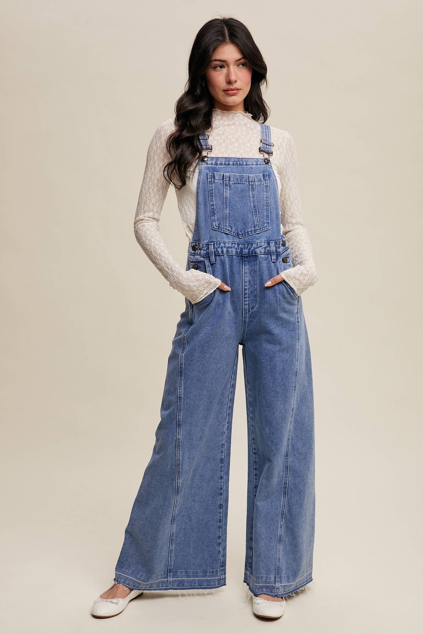 Wide-Leg Denim Overalls: Light Denim / S,M,L,XL
