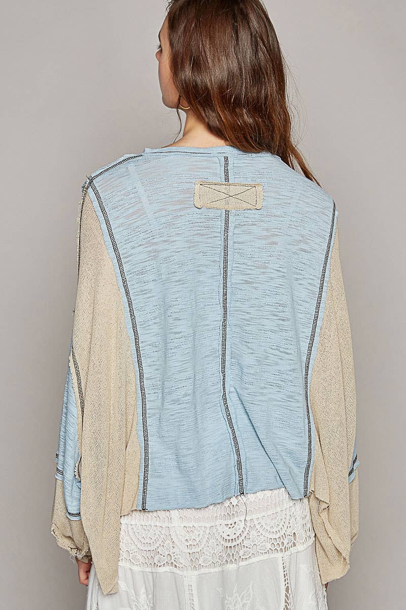 Oversize balloon sleeve casual slub knit top: AQUA / L