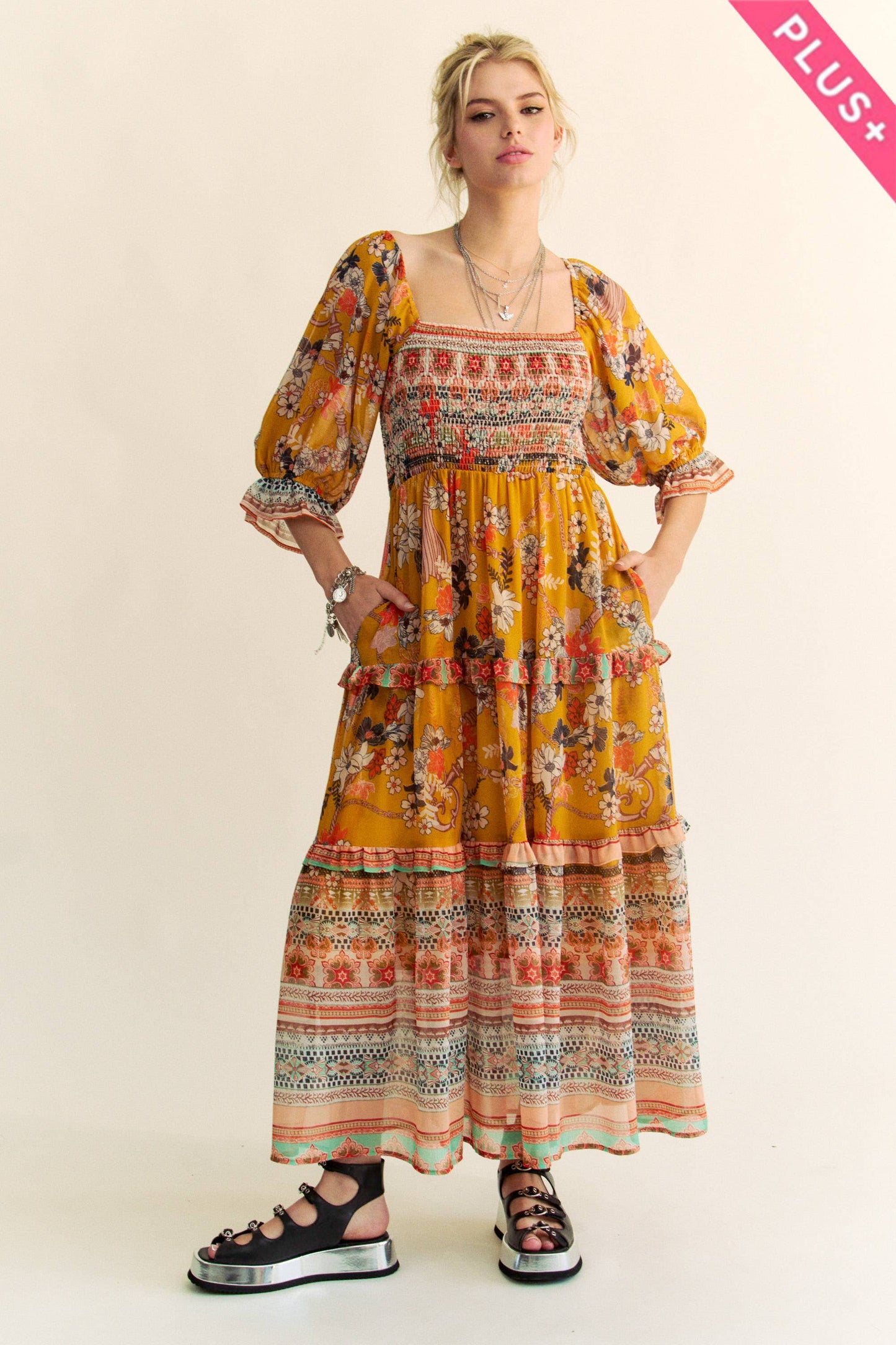 PLUS PRINTED RUFFLE SMOCKED MIDI DRESS: 3XL / Mustard