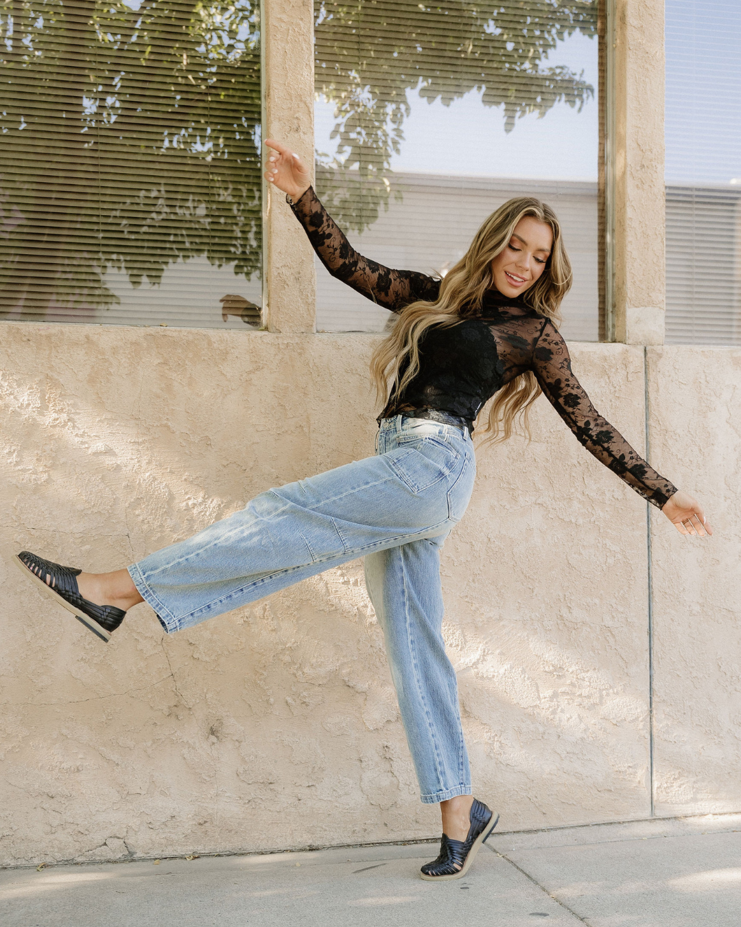 Black Mock Neck Floral Lace Mesh Long Sleeve Top