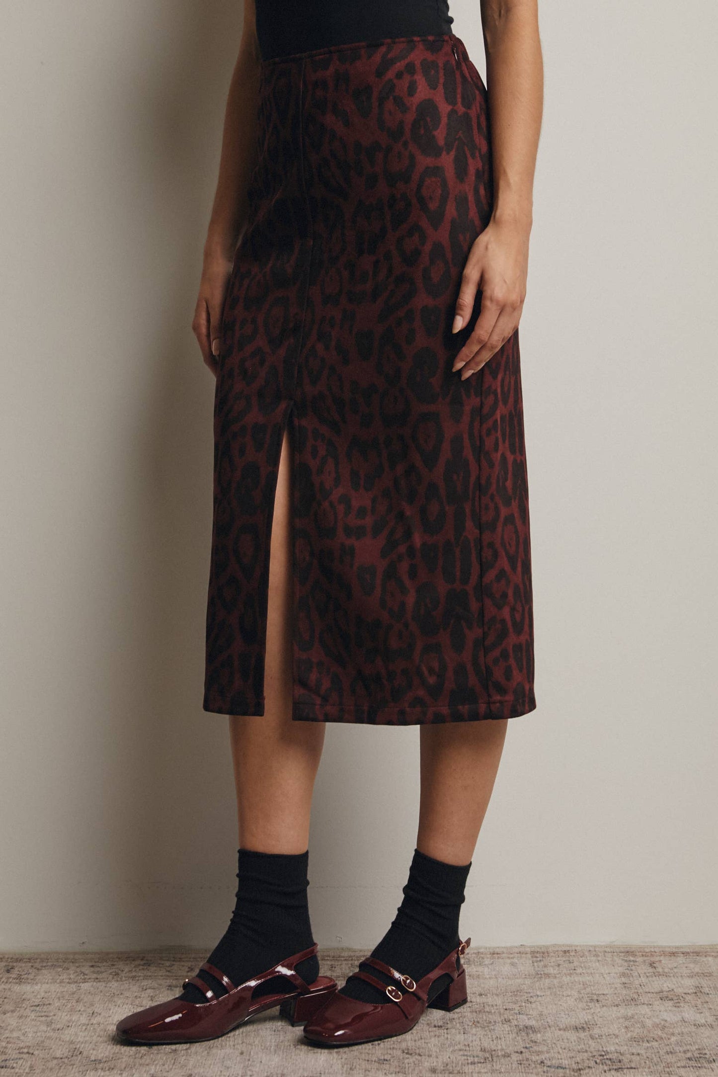 Leopard Print Burgundy Front Slit Midi Skirt - XL