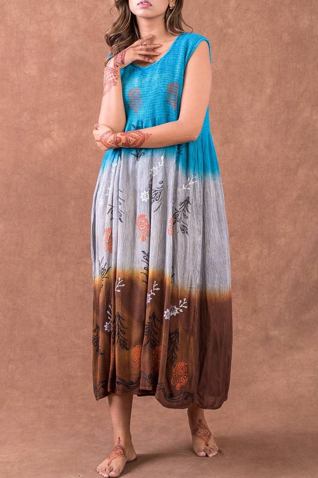 Bohemian tie dye sleeveless midi dress: TEAL / ONESIZE