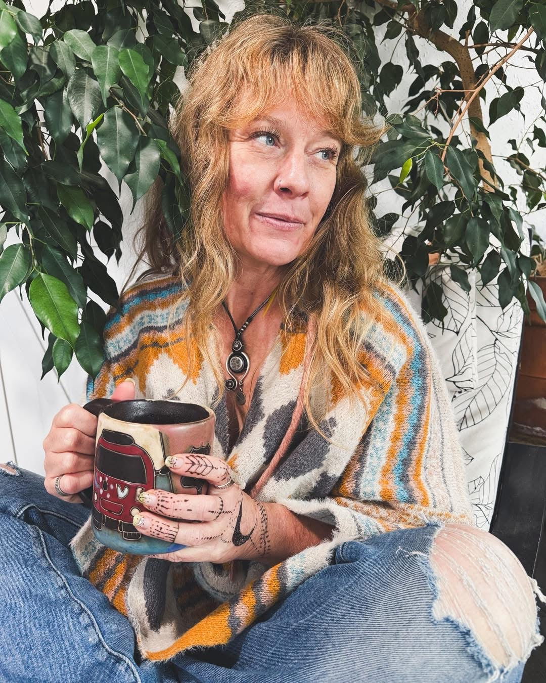 Boho Faux Fur Ruana Wrap with Cozy Pockets - Tribal Cardigan: Dark Mustard