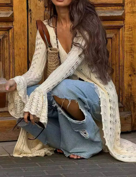 Ladies Eyelet Ruffle Button down Hem Duster or Sweater Dress  SKT41062: Beige