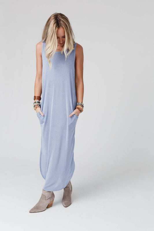 Cassie Sleeveless Pocket Slinky Maxi Dress - Light Blue: M