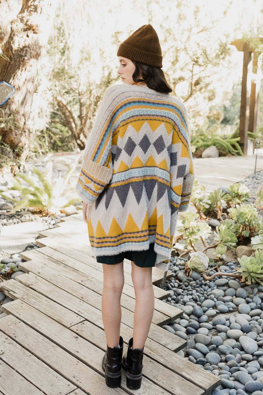 Boho Faux Fur Ruana Wrap with Cozy Pockets - Tribal Cardigan: Dark Mustard