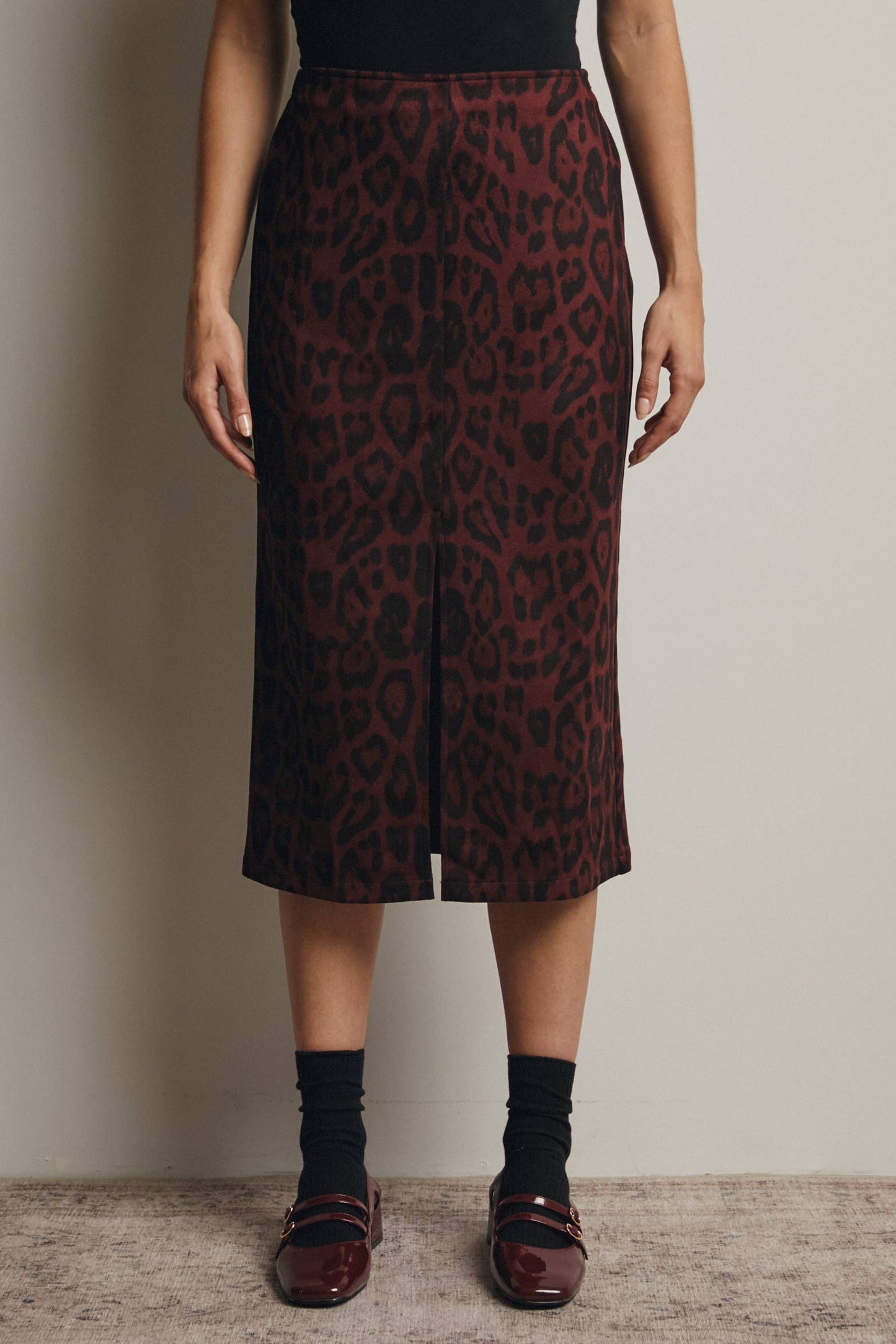 Leopard Print Burgundy Front Slit Midi Skirt - M