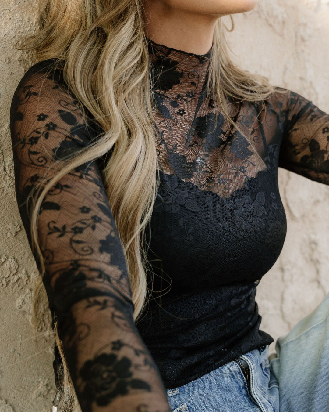 Black Mock Neck Floral Lace Mesh Long Sleeve Top