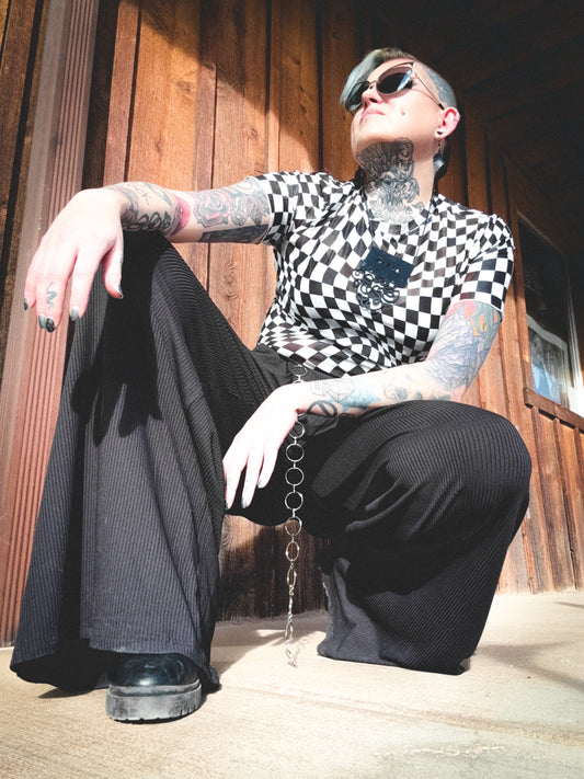 Short Sleeve Checkered Mesh Crew Neck T Shirt