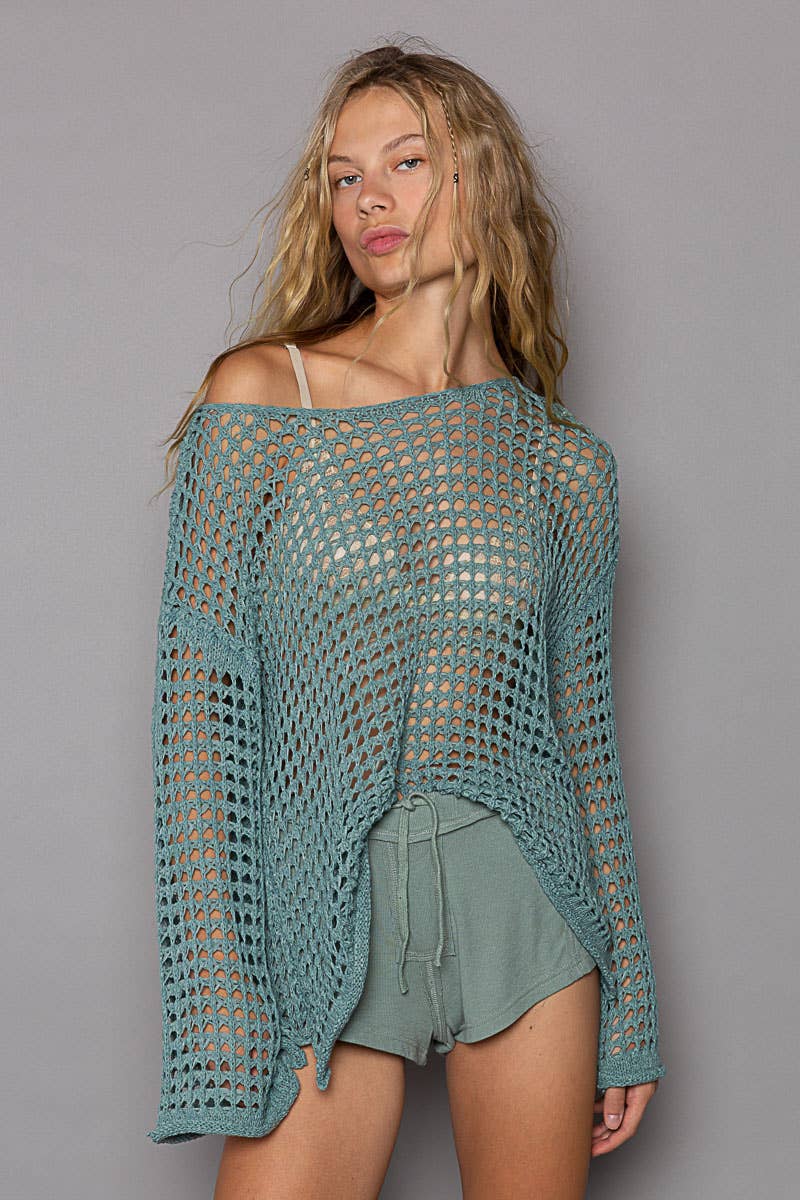 Dropped Shoulder Open Knit Boat Neck Sweater Top: CLEAR SKY / L