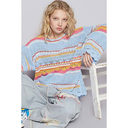 Round neck long sleeve striped solid sweater top: BLUE MULTI / S