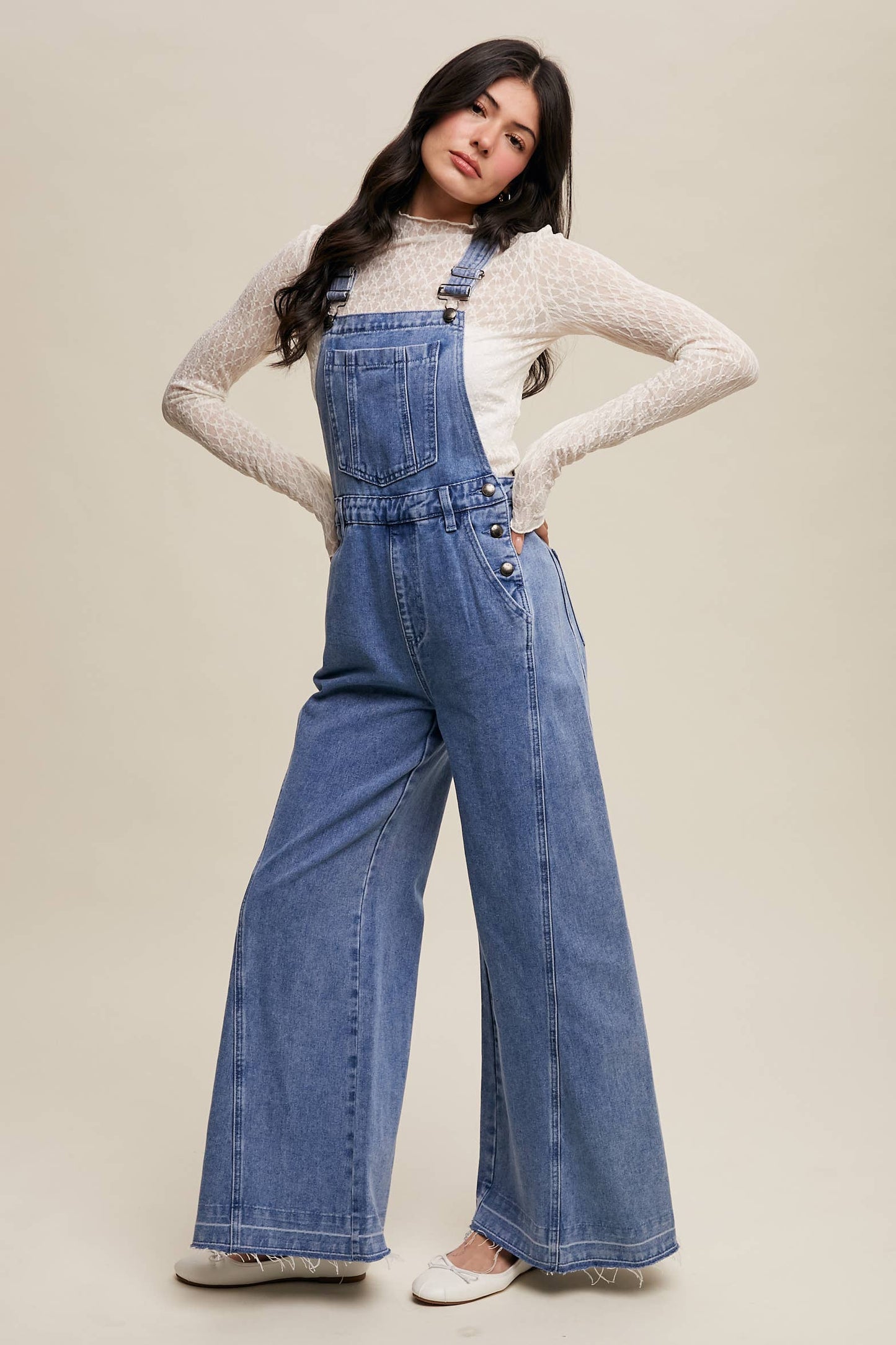 Wide-Leg Denim Overalls: Light Denim / S,M,L,XL