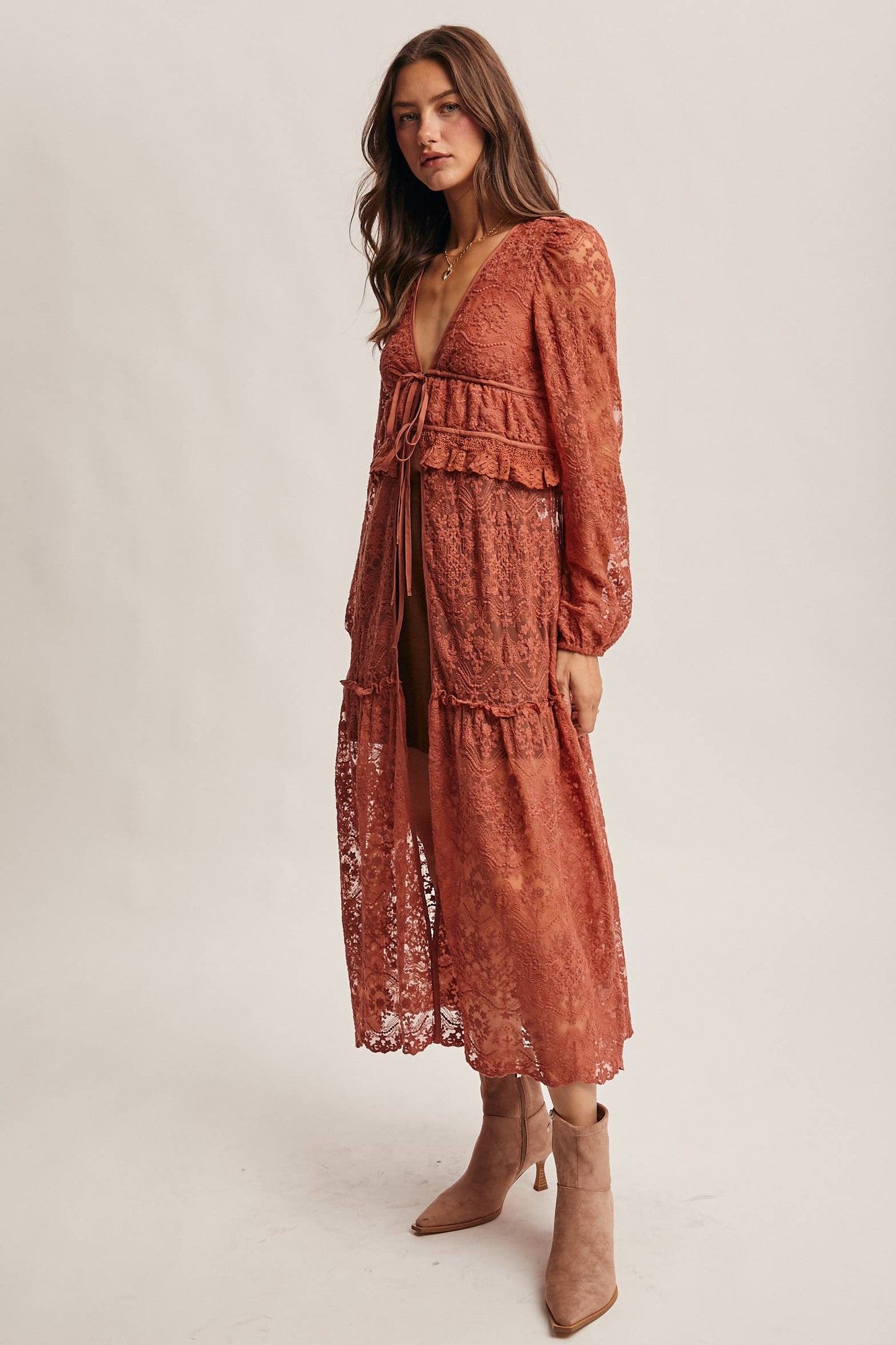 Lace Ruffle Maxi Duster FJ0003: Terracotta / Contemporary / S