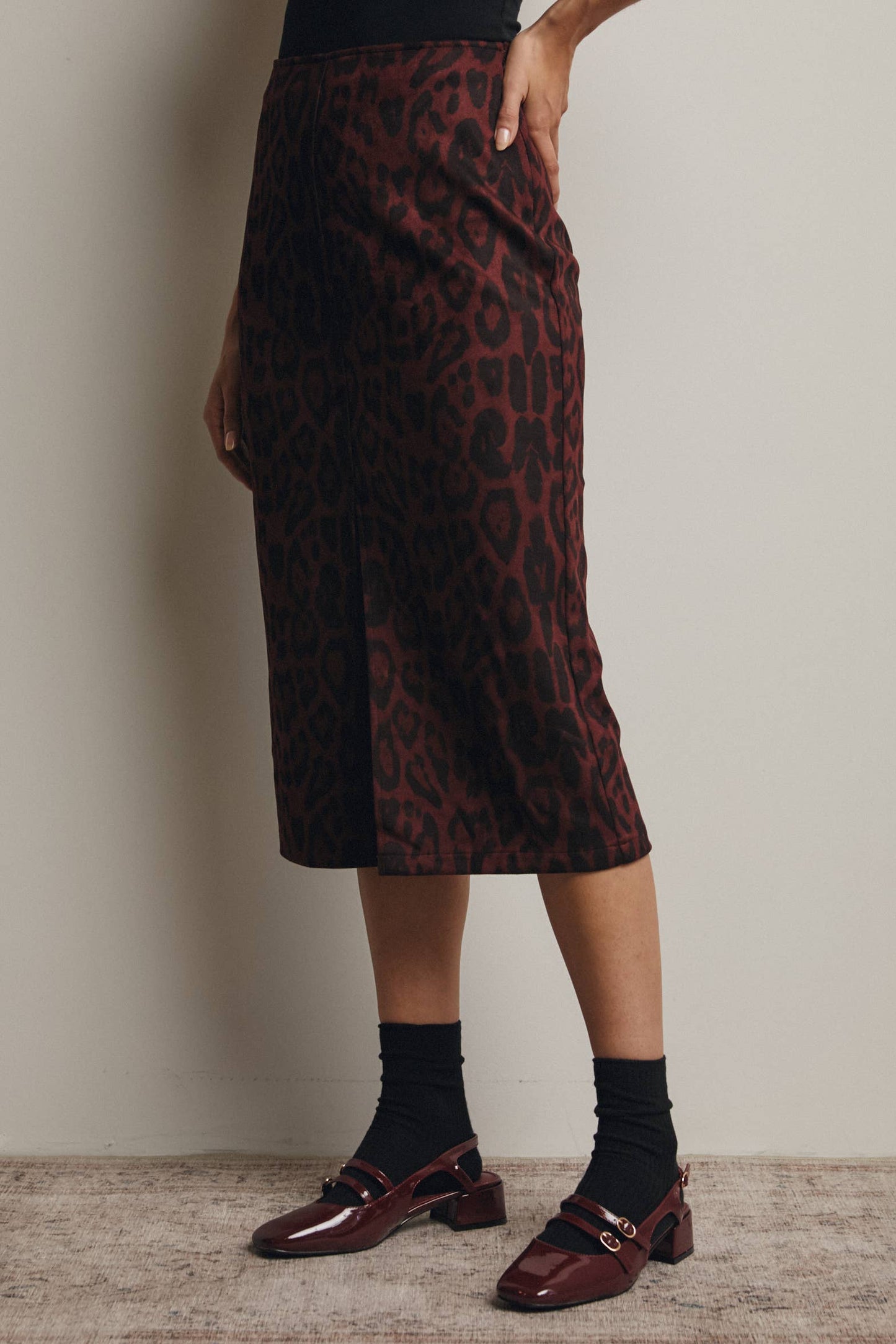 Leopard Print Burgundy Front Slit Midi Skirt - L