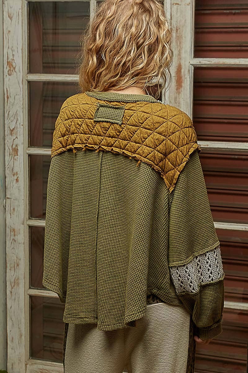 POL V-Neck Balloon Sleeve Relaxed Fit Boho Top : OLIVE / S,M,L