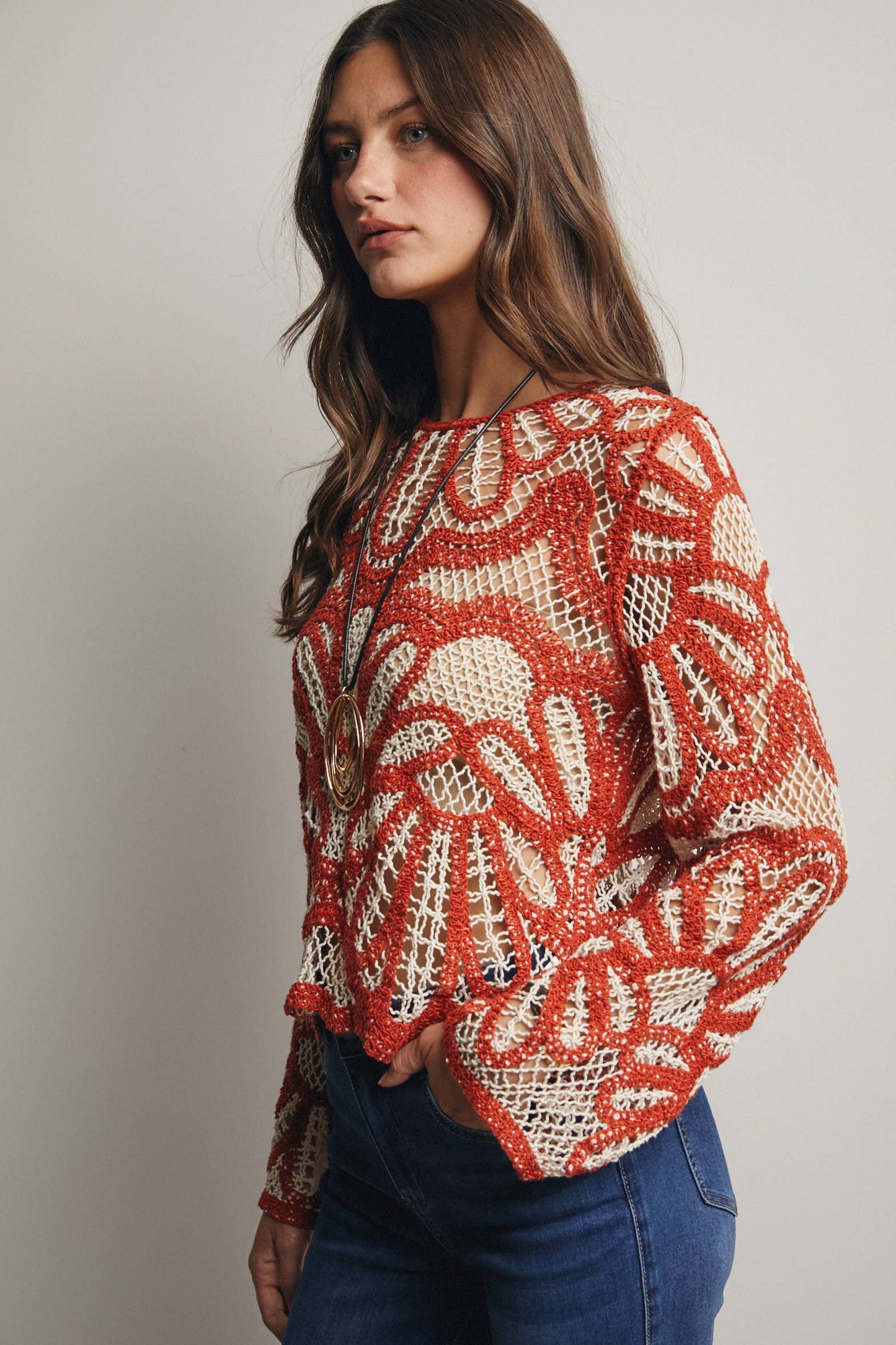 Crochet Floral Pattern Sweater: Rust / Contemporary / M