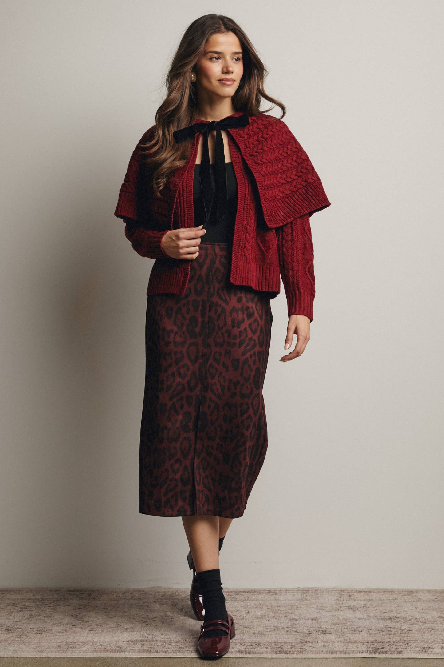 Leopard Print Burgundy Front Slit Midi Skirt - L