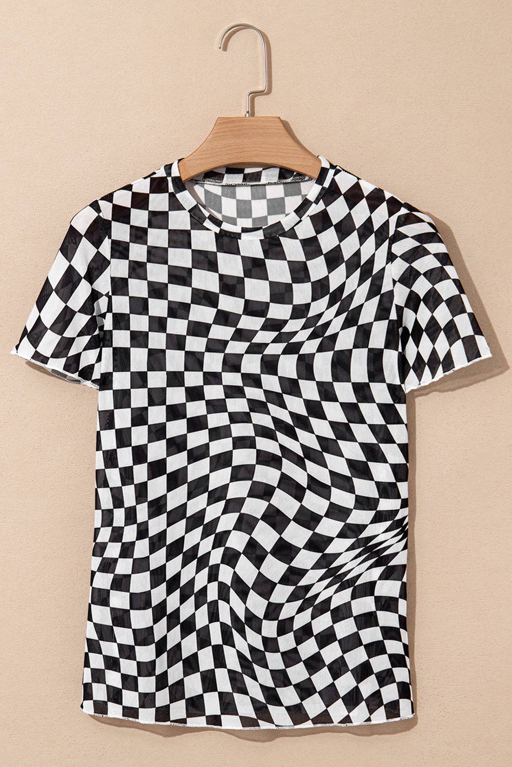 Short Sleeve Checkered Mesh Crew Neck T Shirt