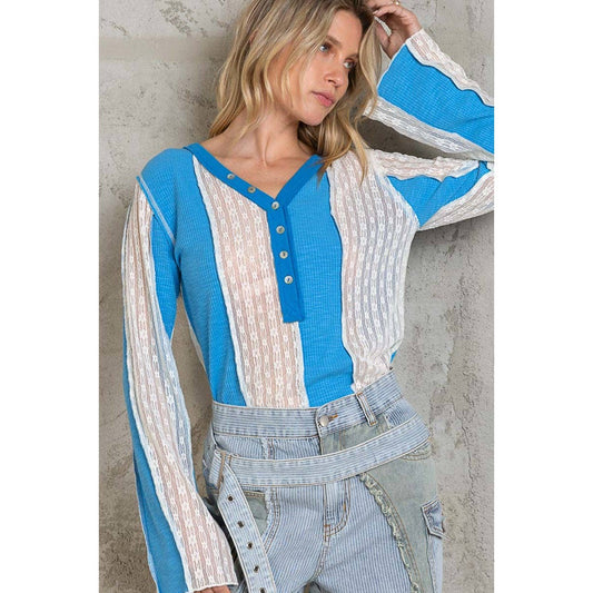 Pol Long sleeve v-neck henley placket contrast fabric top: S / AQUA BLUE