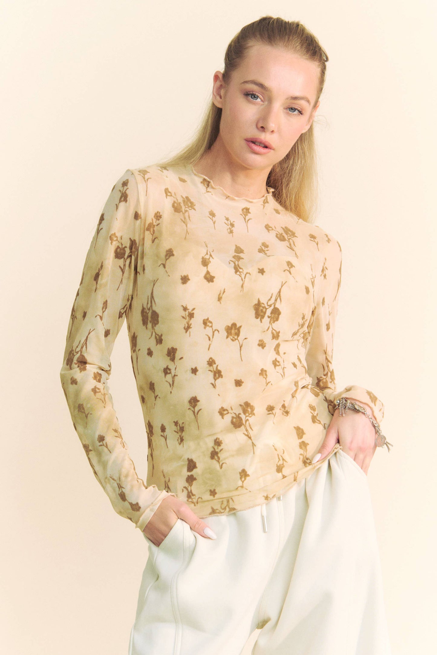 PLUS FLORAL MESH LONG SLEEVE SHEER LAYERING TOP: CREAM LATTE / 2XL