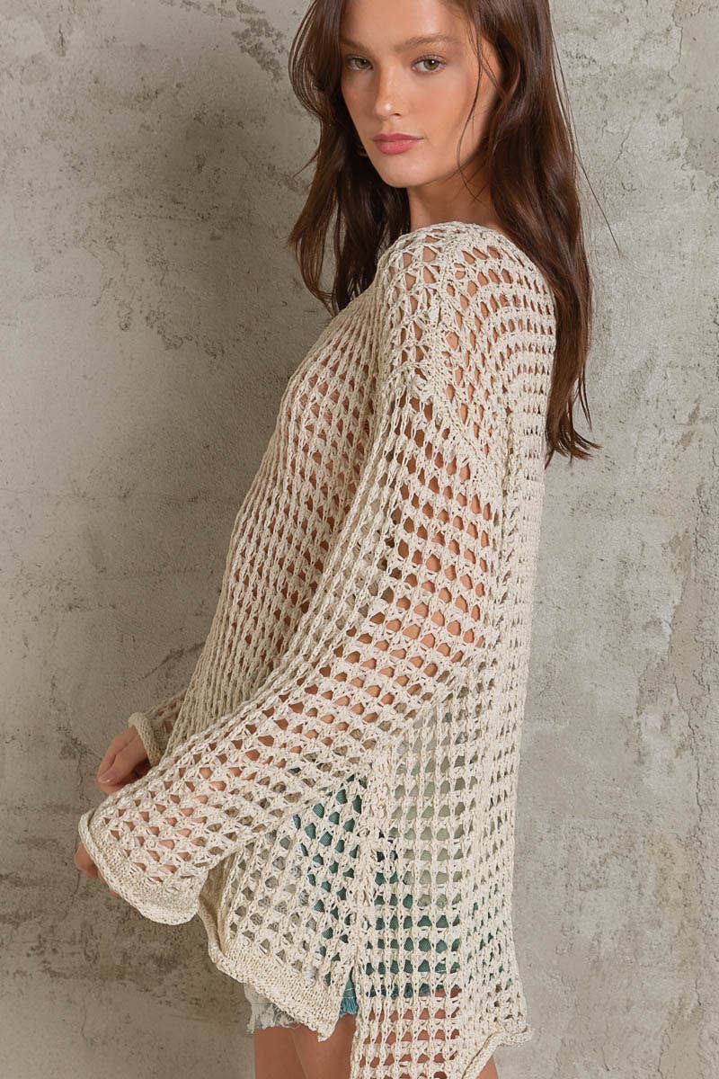 Dropped Shoulder Open Knit Boat Neck Sweater Top: CLEAR SKY / M