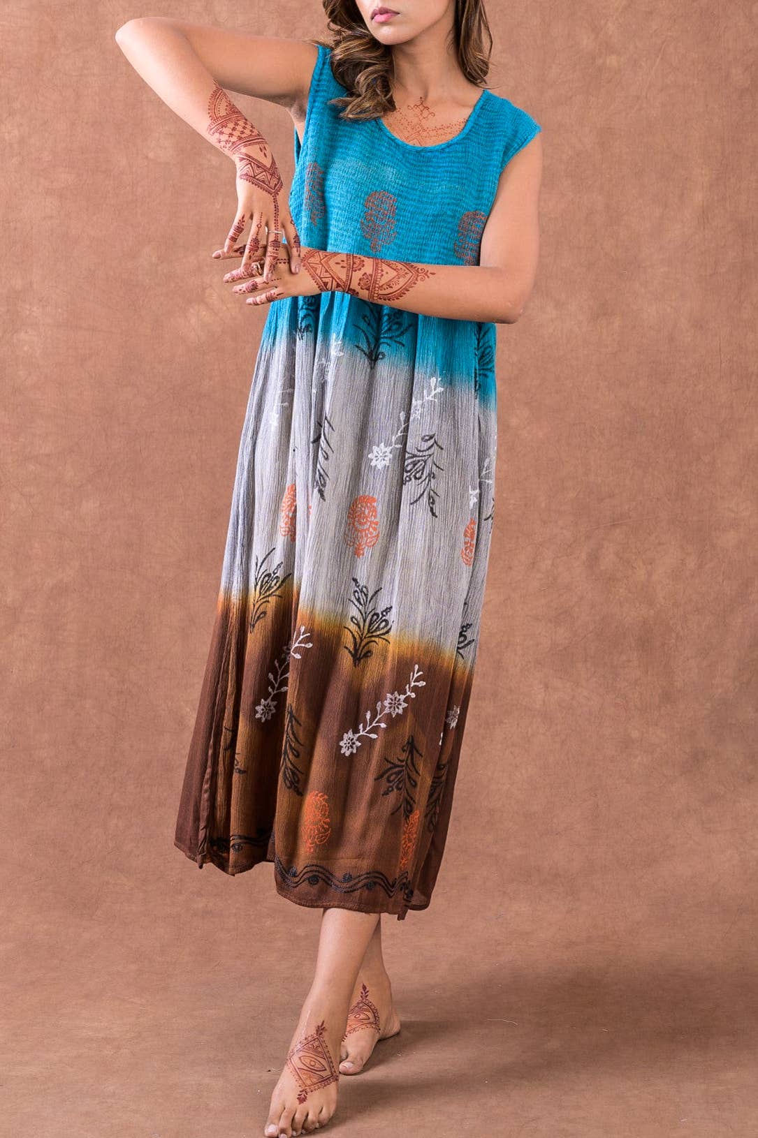 Bohemian tie dye sleeveless midi dress: TEAL / ONESIZE