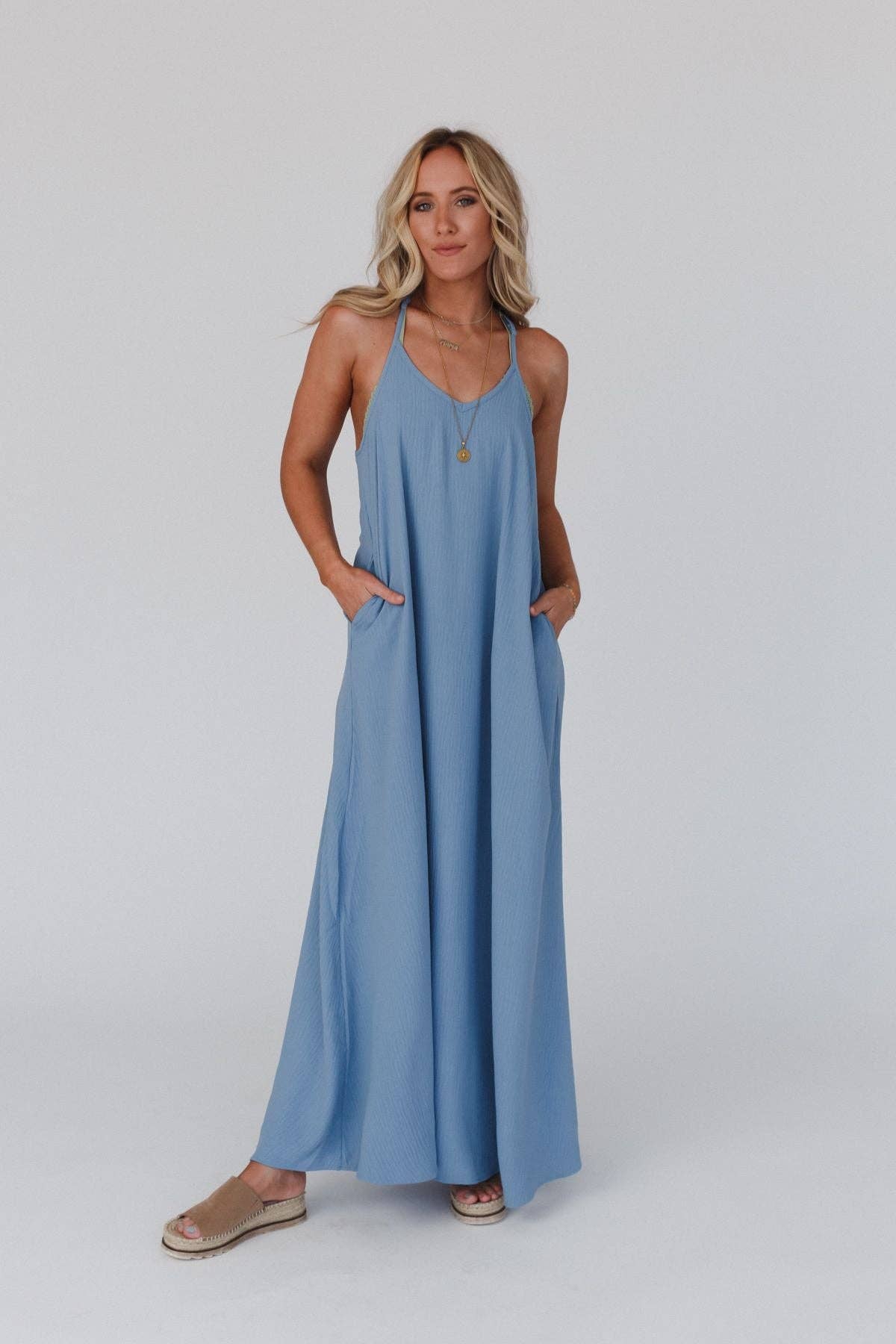 Oasis Pocket Maxi Dress - Dusty Blue: L