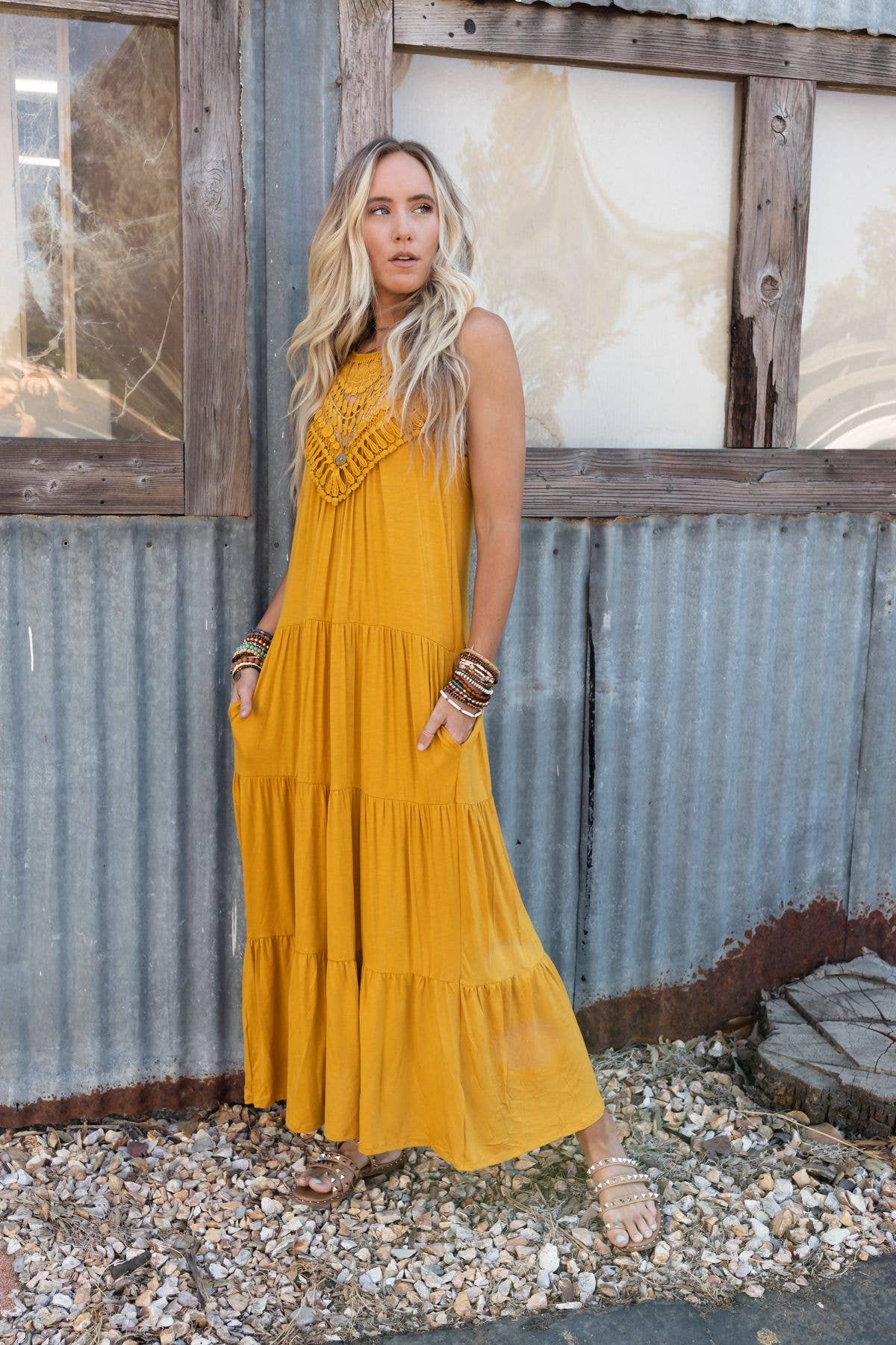 Perfection Tiered Maxi Dress - Mustard: L