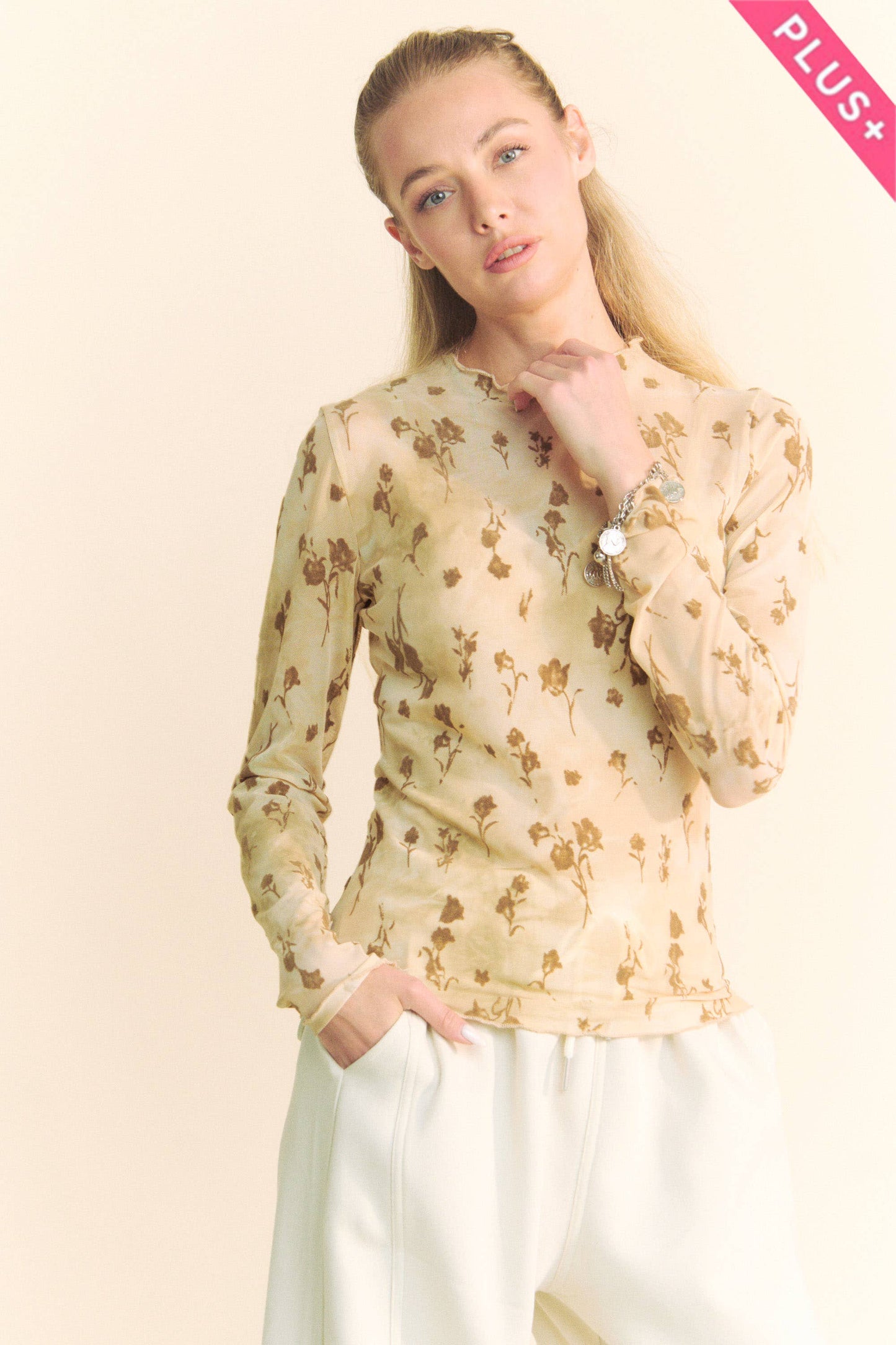 PLUS FLORAL MESH LONG SLEEVE SHEER LAYERING TOP: CREAM LATTE / 2XL