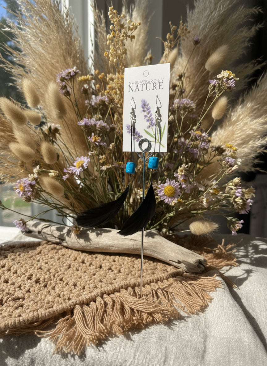 Black feather earrings with blue glass bead