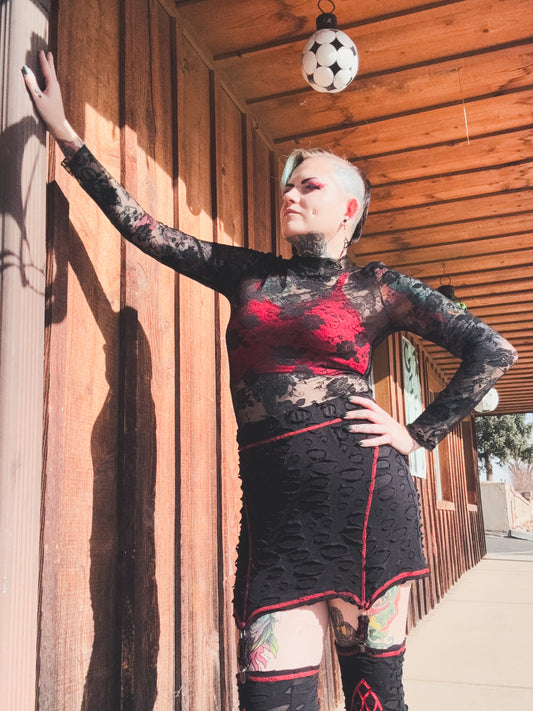 Black Mock Neck Floral Lace Mesh Long Sleeve Top