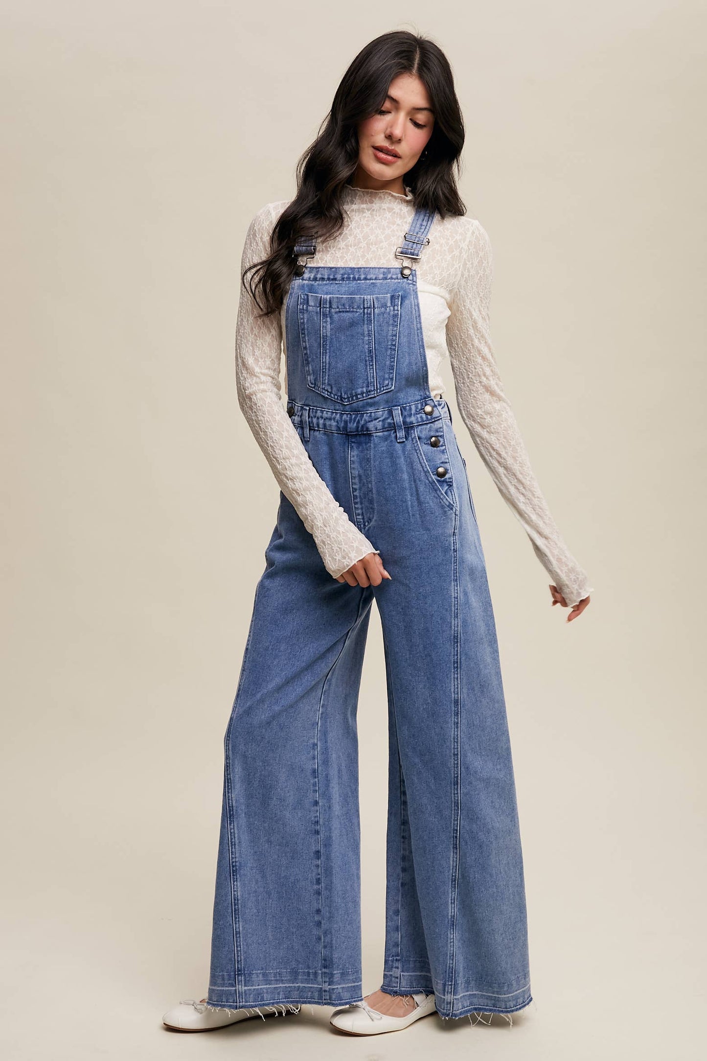 Wide-Leg Denim Overalls: Light Denim / S,M,L,XL