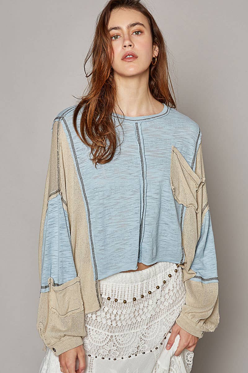 Oversize balloon sleeve casual slub knit top: AQUA / L