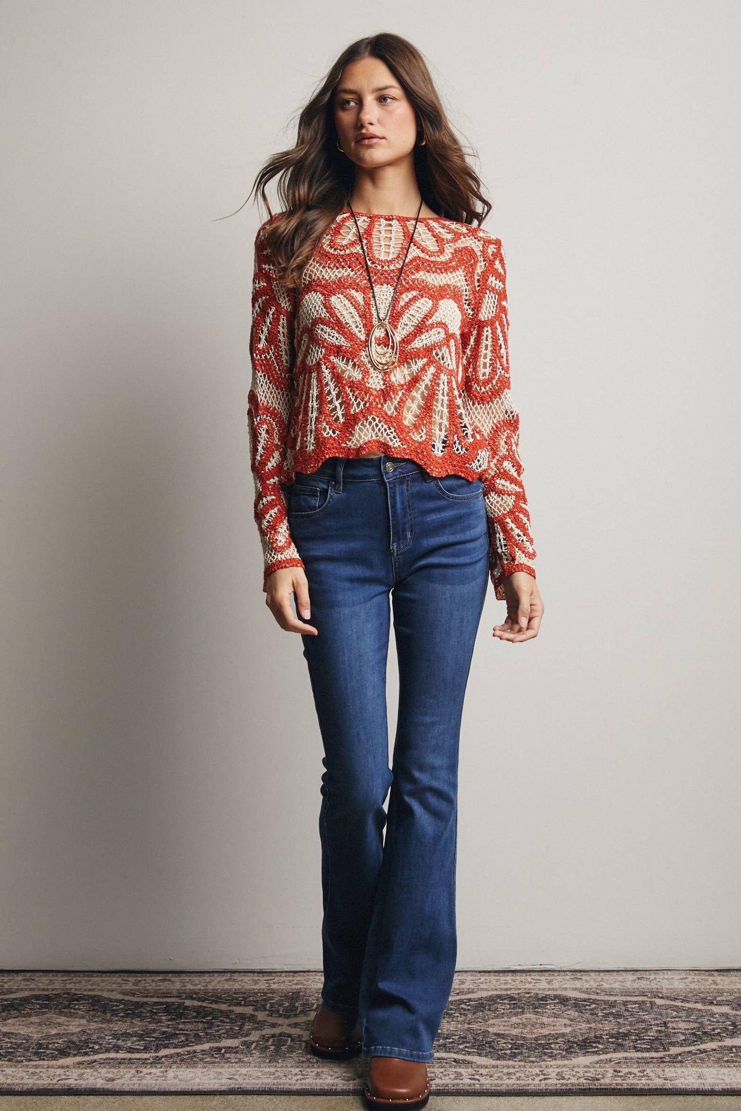 Crochet Floral Pattern Sweater: Rust / Contemporary / S