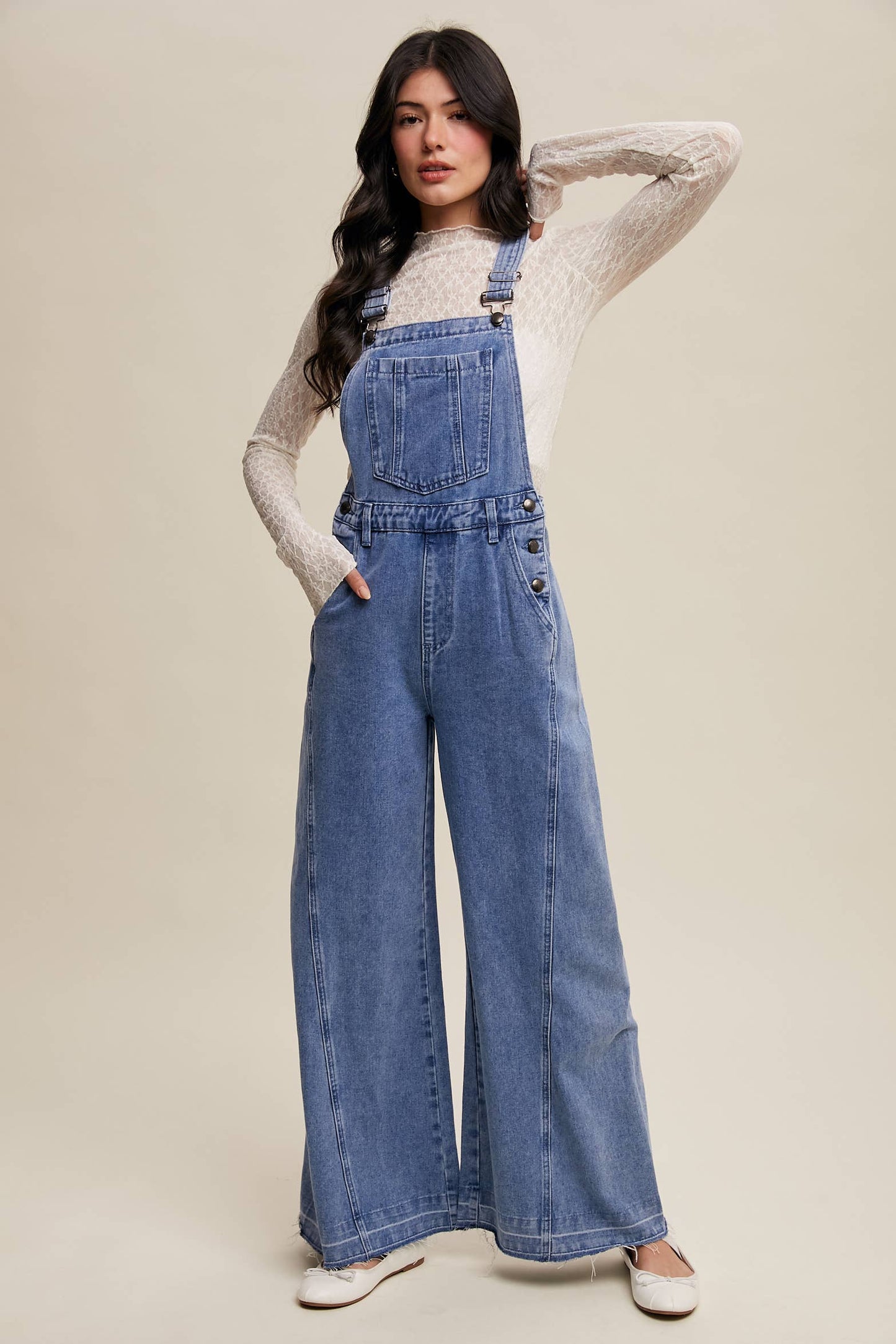 Wide-Leg Denim Overalls: Light Denim / S,M,L,XL