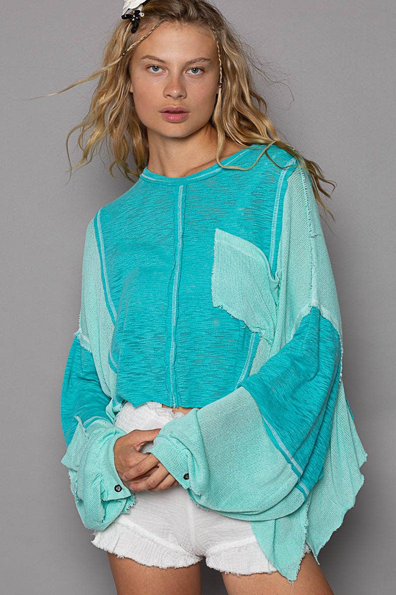 Oversize balloon sleeve casual slub knit top: AQUA / L