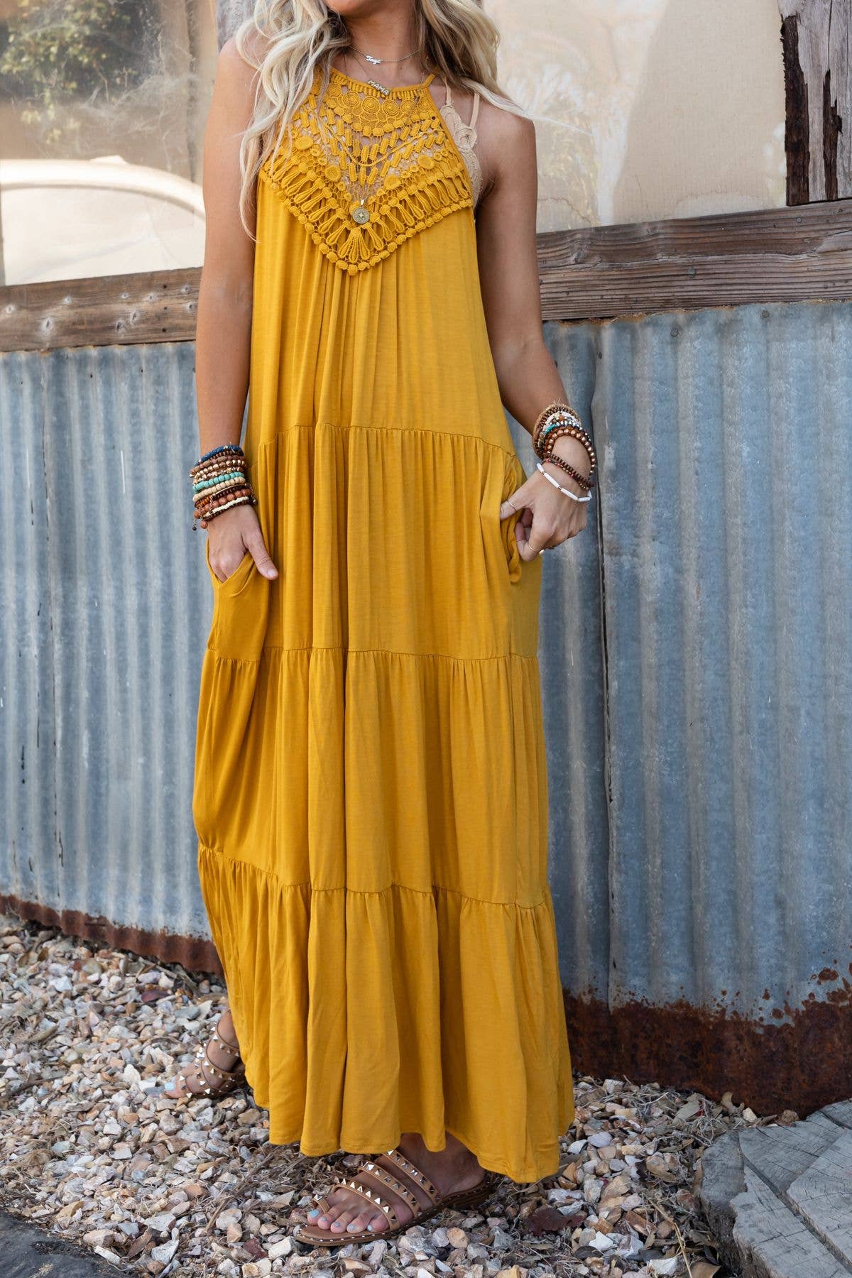 Perfection Tiered Maxi Dress - Mustard: L