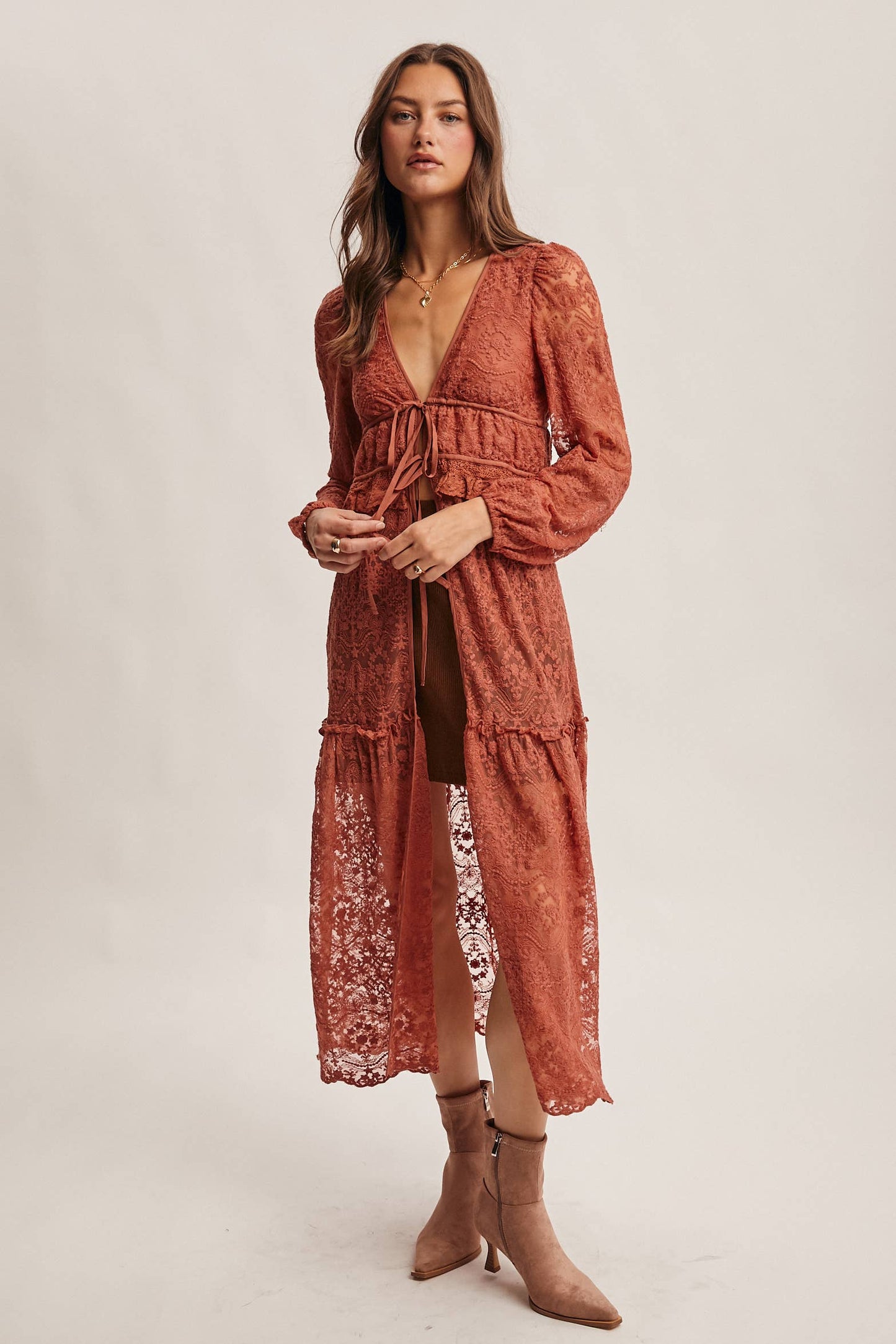 Lace Ruffle Maxi Duster FJ0003: Terracotta / Contemporary / XL