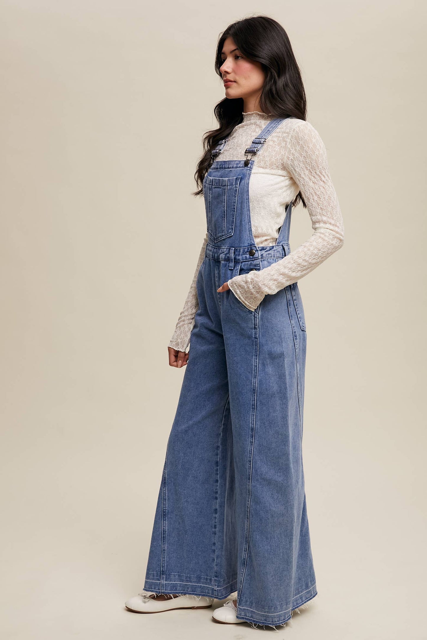 Wide-Leg Denim Overalls: Light Denim / S,M,L,XL
