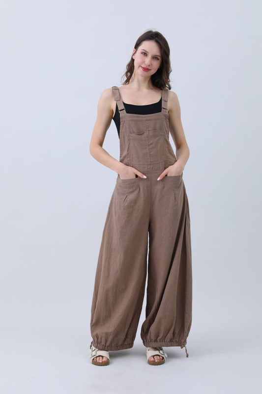 Natural Linen Jumpsuit for Women – Wide Leg Adjustable Cuffs: Mocha / L