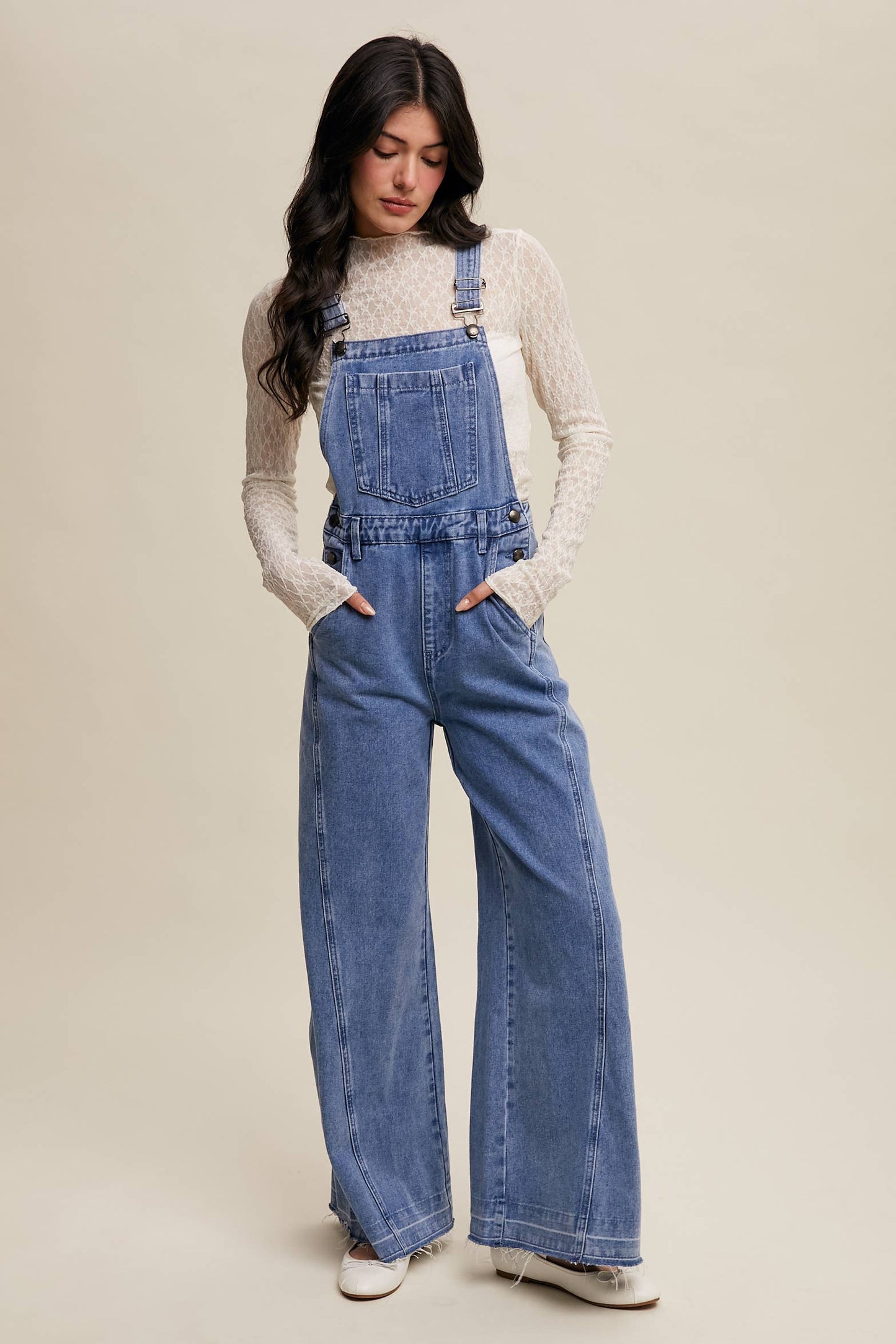 Wide-Leg Denim Overalls: Light Denim / S,M,L,XL